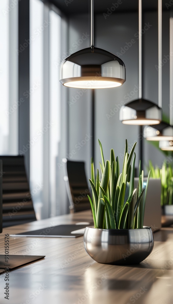 Modern office space with sleek hanging lights and vibrant plant decorations on a wooden conference table. Modern office space with sleek hanging lights and vibrant plant decorations on a wooden conference table.