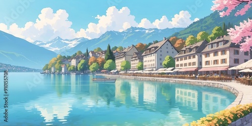 Soft pastel style anime casual attraction in switzerland scene for background