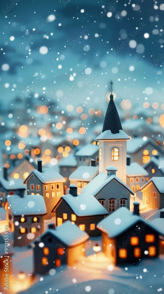 Snowcovered village with glowing holiday lights Snowcovered village with glowing holiday lights