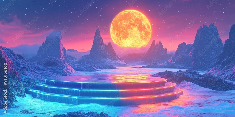 Futuristic Neon Platform Under a Giant Red Moon