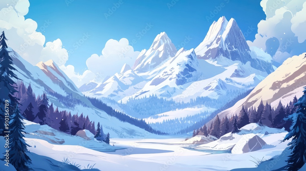 Obraz premium Winter mountain illustration in a cartoon style, showcasing snow-capped peaks and a tranquil setting.