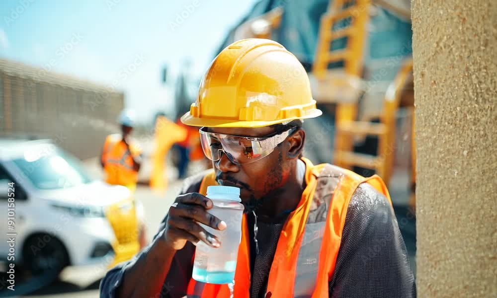 A black construction worker taking a break in the shade, drinking water, and wiping sweat from their face. Working in high temperatures during heatwave A black construction worker taking a break in the shade, drinking water, and wiping sweat from their face. Working in high temperatures during heatwave