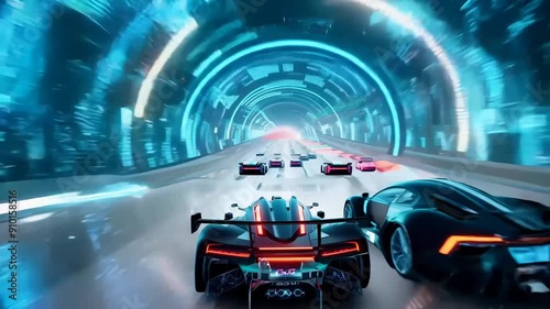 Street racing in the night city, then they go through a futuristic tunnel. illuminated with neon lights. Video Game. Cyberpunk Style. future, speed, 3d, music, glow, driving, motion, movement, game,