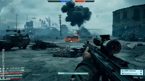 FPS shooting game. First-person shooter. war, aiming, fight, realistic, soldier, past, violence, hiding, graphics, player, excitement, motion, shooting, military, cyberspace, display, enjoyment