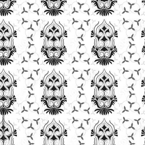 Wallpaper in the style of Baroque. Seamless vector background. Golden and black floral ornament. Graphic pattern for fabric, wallpaper, packaging. Ornate Damask floral geometric  ornament