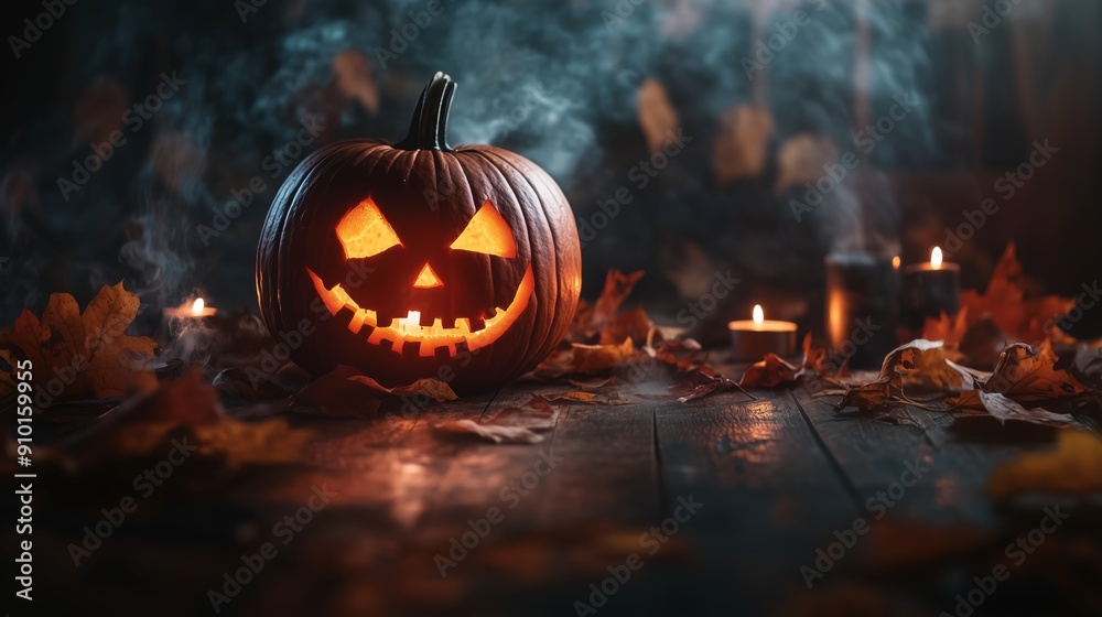 Halloween Pumpkin with Spooky Face on Wooden Table Halloween Pumpkin with Spooky Face on Wooden Table