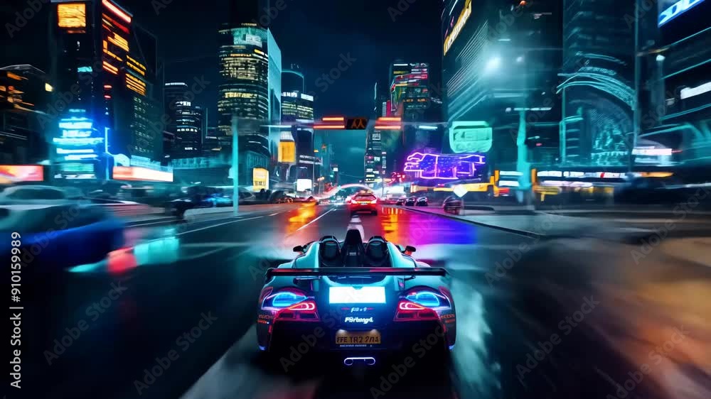 Street racing in the night city, then they go through a futuristic tunnel. illuminated with neon lights. Video Game. Cyberpunk Style. future, speed, 3d, music, glow, driving, motion, movement, game,
