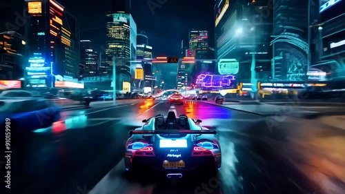 Street racing in the night city, then they go through a futuristic tunnel. illuminated with neon lights. Video Game. Cyberpunk Style. future, speed, 3d, music, glow, driving, motion, movement, game,