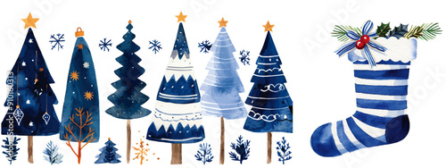 Watercolor illustration featuring a collection of blue Christmas trees and a matching festive stocking, adorned with stars and snowflakes. Blue Christmas Trees and Stocking Watercolor Art

