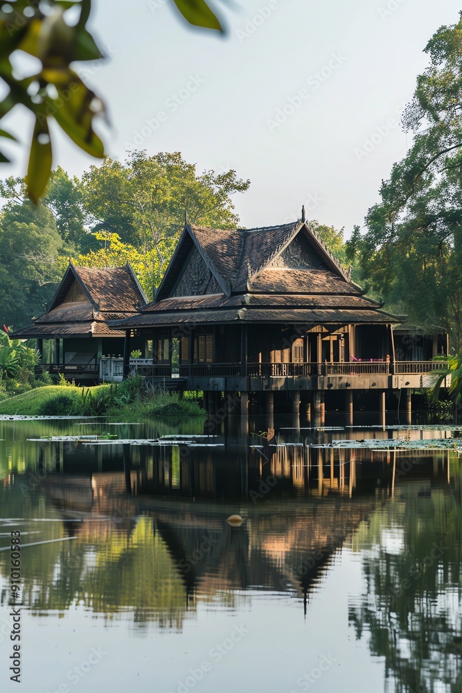 Thai Traditional House Models, border, background wallpaper, blank in the middle, minimalism, negative space, used for postcard template Thai Traditional House Models, border, background wallpaper, blank in the middle, minimalism, negative space, used for postcard template