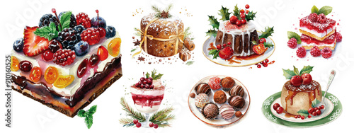A delightful series of watercolor illustrations showcasing a variety of festive desserts adorned with berries, fruits, and holiday garnishes. Watercolor Collection of Exquisite Holiday Desserts

