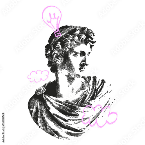 Halftone punk male statue bust. Vintage antique greek aesthetic. Vector grunge Y2k illustration. Contemporary collage elements with retro dotted stipple effect. Suitable for t-shirts, designs.