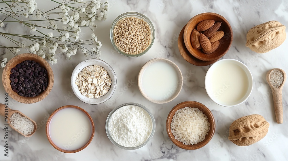 Almond milk, oat milk, rice milk, plant-based milks, natural cosmetic and food ingredients Almond milk, oat milk, rice milk, plant-based milks, natural cosmetic and food ingredients