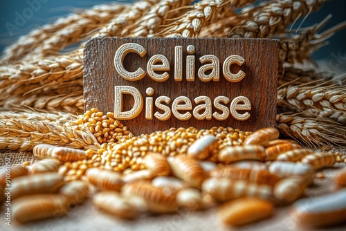 Grains and supplements are arranged around a wooden sign highlighting the importance of celiac disease awareness and gluten-free living