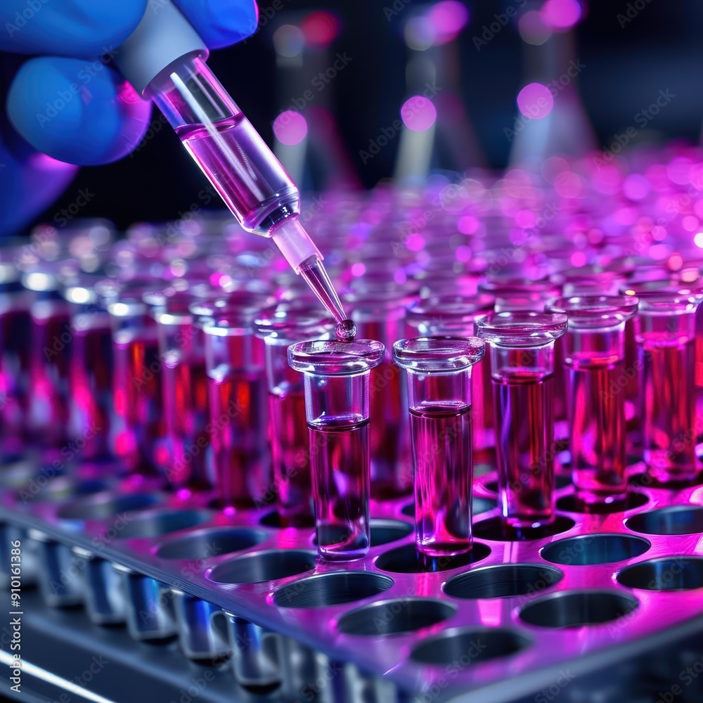 Scientist uses a pipette to fill test tubes with pink liquid in a laboratory. Concept of research and medical innovation. Scientist uses a pipette to fill test tubes with pink liquid in a laboratory. Concept of research and medical innovation.