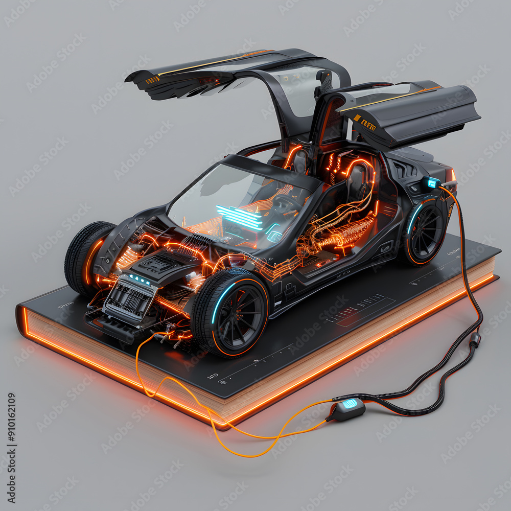 Futuristic Sports Car Model With Neon Glow and Open Doors Displayed on a Platform Futuristic Sports Car Model With Neon Glow and Open Doors Displayed on a Platform