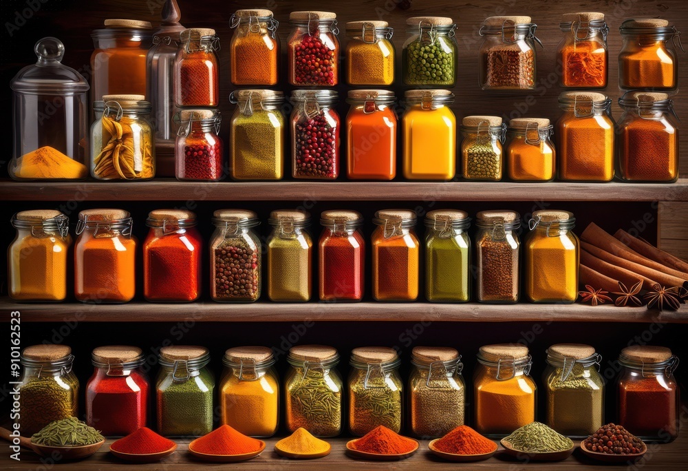 colorful vibrant spices showcased transparent containers culinary delight aesthetic appeal, seasoning, herb, jar, glass, red, yellow, green, orange, brown colorful vibrant spices showcased transparent containers culinary delight aesthetic appeal, seasoning, herb, jar, glass, red, yellow, green, orange, brown