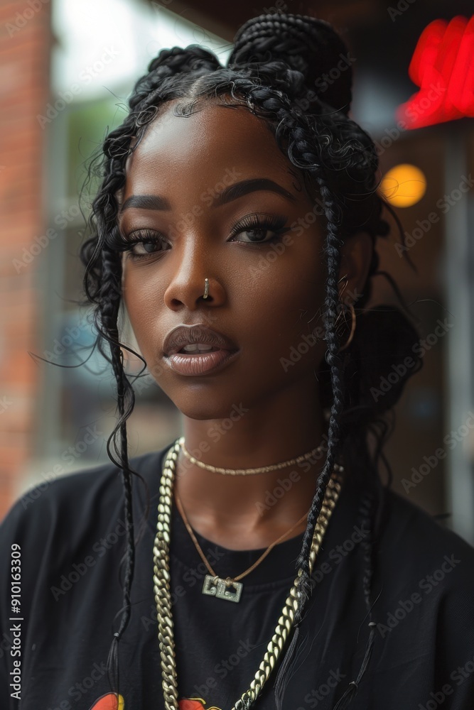 Stylish portrait of a black woman with intricate braids and piercings. Stylish portrait of a black woman with intricate braids and piercings.