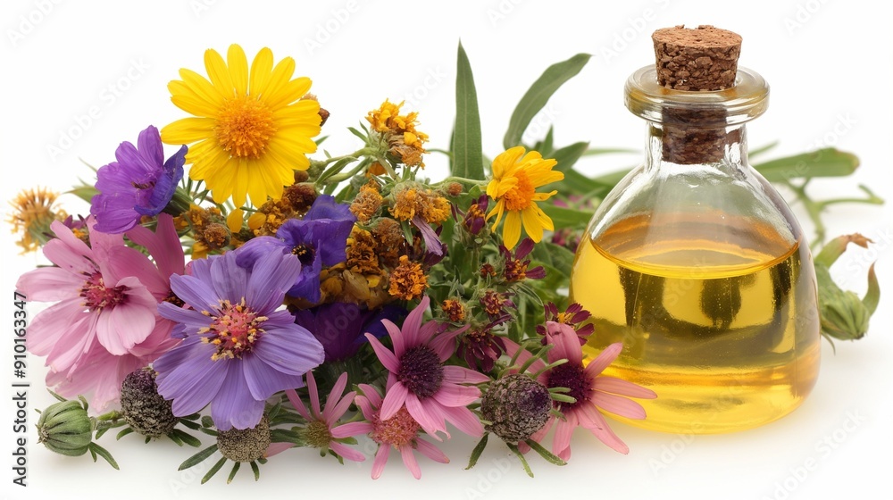 carrier oil and flowers, on white background carrier oil and flowers, on white background