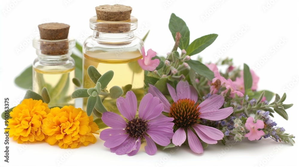 carrier oil and flowers, on white background carrier oil and flowers, on white background
