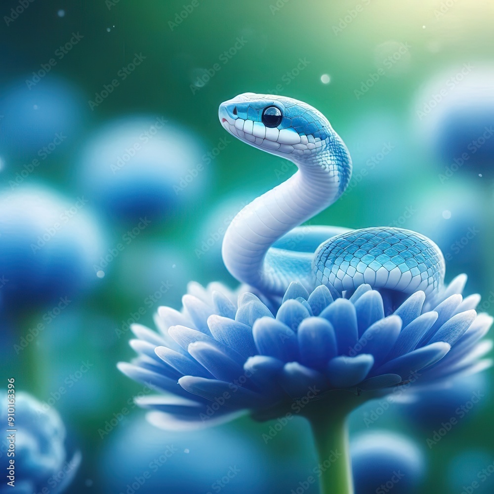 Fototapeta premium Close-up of a small blue snake with a white belly standing on a beautiful flower