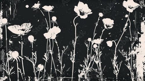 Retro Photocopy Effect Elements Set. Wild Flowers Heads Background photo