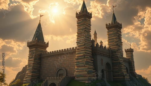 the world of books, Majestic Stone Castle Bathed in Sunlight