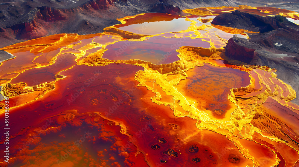 Aerial View of Orange and Yellow Pools in a Volcanic Landscape - Photo