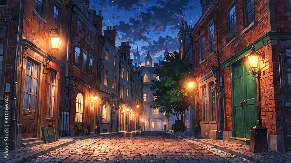 Fototapeta premium victorian streets oldfashioned streets with cobbleston flat anime