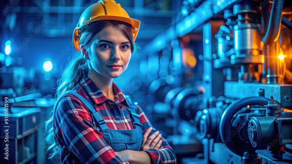 Professional Young Woman in Work Clothes Standing in an Industrial Factory Setting with Equipment Professional Young Woman in Work Clothes Standing in an Industrial Factory Setting with Equipment