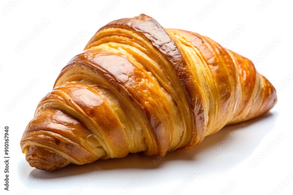 Golden brown croissant with a delicate, crisp finish, closeup, against a white background Golden brown croissant with a delicate, crisp finish, closeup, against a white background