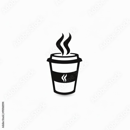 Minimalistic Black and White Silhouette of a Steaming Coffee Cup on a Saucer.