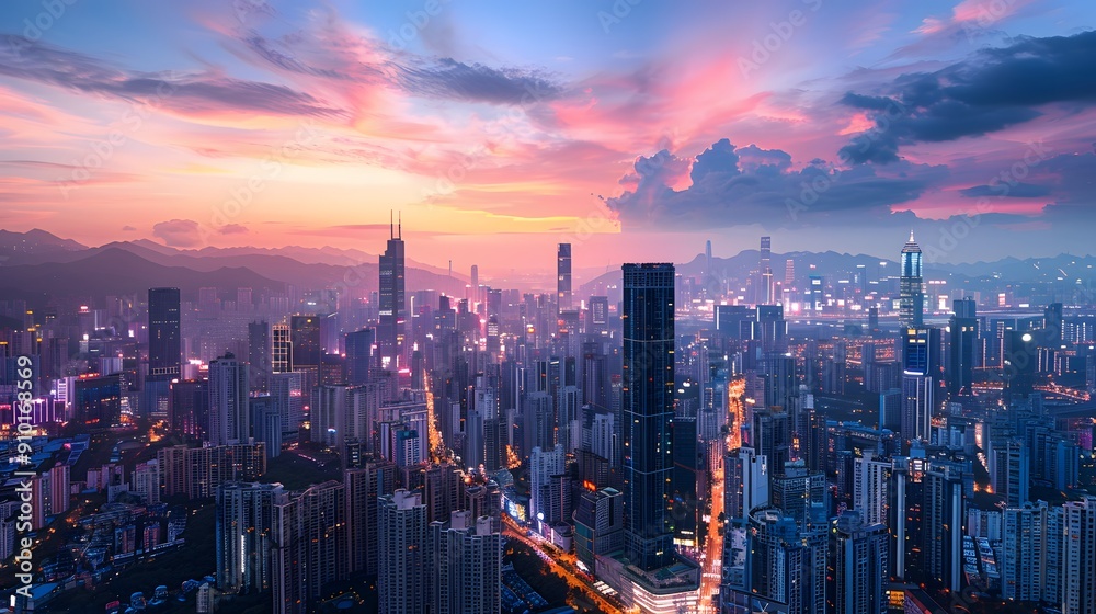 Aerial view of a city at dusk with skyscrapers, clouds, and vibrant sky hues.