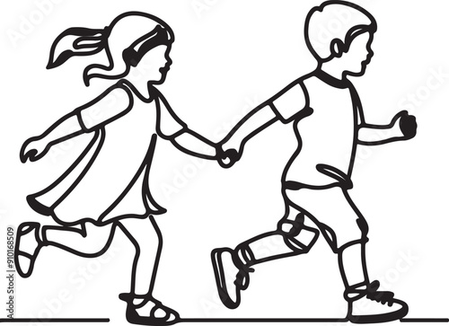 continuous single line drawing of toddler girl and boy running hand in hand, line art vector illustration