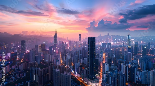 Wallpaper Mural Aerial view of a city at dusk with skyscrapers, clouds, and vibrant sky hues. Torontodigital.ca