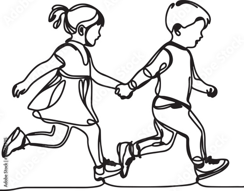 continuous single line drawing of toddler girl and boy running hand in hand, line art vector illustration