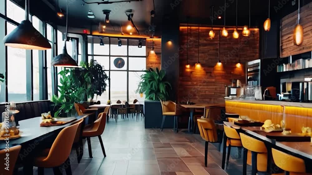Modern Restaurant Interior with Exposed Brick Wall, Large Windows, and Warm Lighting