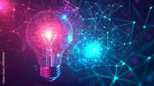 Abstract light bulb made of glowing dots and lines on a dark background, representing the concept of innovation and technology evolution. This illustration features a digital network connection in the