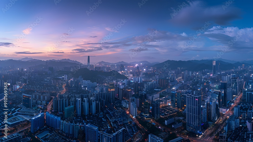Fototapeta premium Aerial view of a city at dusk with skyscrapers, clouds, and vibrant sky hues.