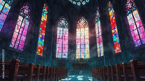 gothic cathedral imposing cathedral with stained glass flat anime