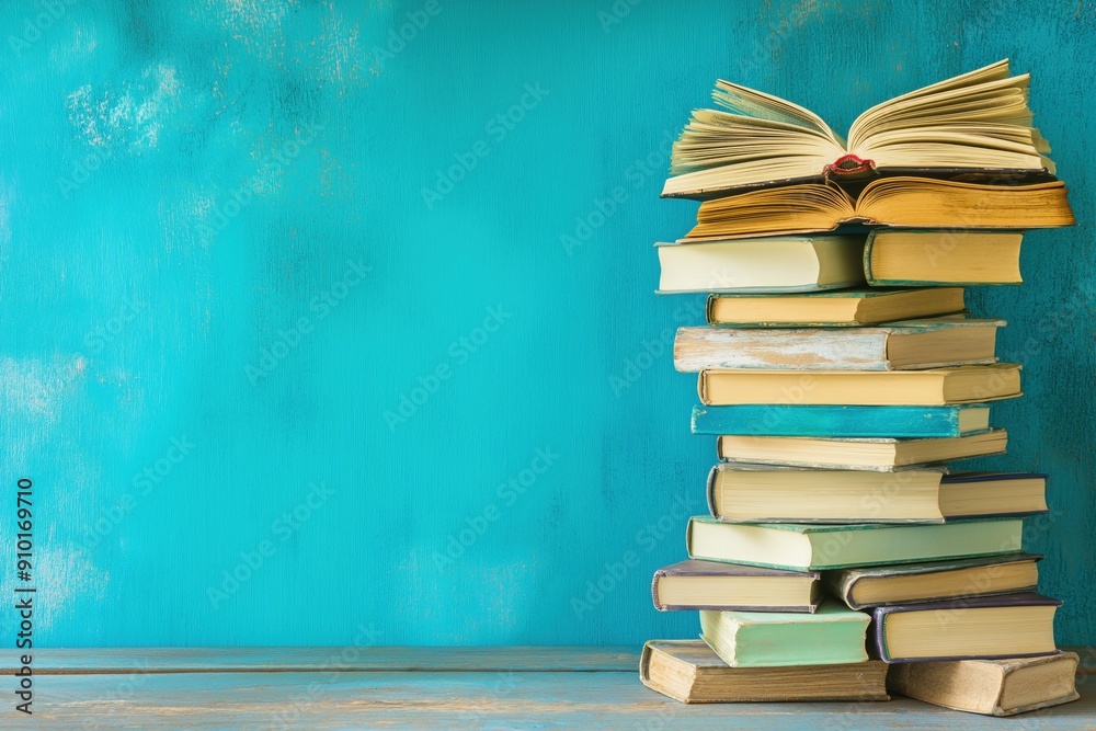 A stack of open books on a wooden table isolated against a blue background. Space for copy. Reading and leisure concept. A stack of open books on a wooden table isolated against a blue background. Space for copy. Reading and leisure concept.