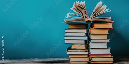 A stack of open books on a wooden table isolated against a blue background. Space for copy. Reading and leisure concept.