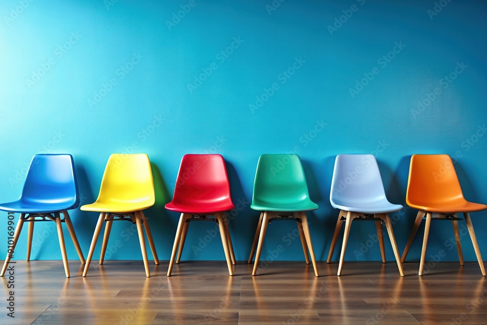 Vibrant rows of chairs in various colors against a gradient blue wall, symbolizing diverse job openings and opportunities in a modern human resources setting. Vibrant rows of chairs in various colors against a gradient blue wall, symbolizing diverse job openings and opportunities in a modern human resources setting.