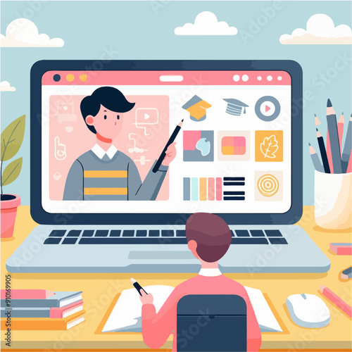 Concept illustration of online courses, distance studying, self education, digital library. E-learning banner. Online education. Vector illustration in flat style