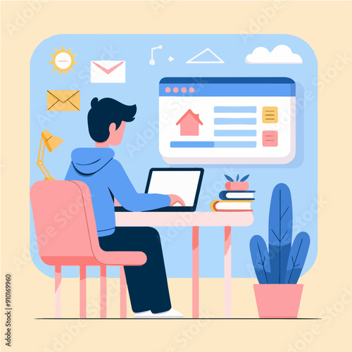 Concept illustration of online courses, distance studying, self education, digital library. E-learning banner. Online education. Vector illustration in flat style