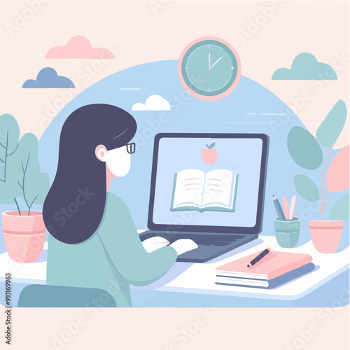 Concept illustration of online courses, distance studying, self education, digital library. E-learning banner. Online education. Vector illustration in flat style