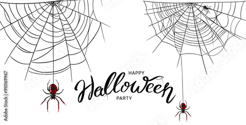 Spider Black Silhouette on its spider web. Black Widow spider in vector on White and Halloween Party Lettering under. Good as a design element to the Halloween Holidays.