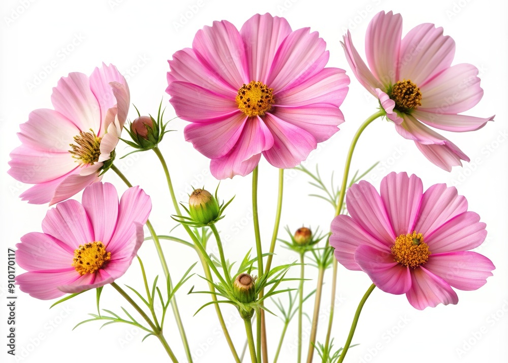 Delicate pink cosmos flowers with feathery foliage and dainty stems are beautifully isolated on a transparent background, showcasing their intricate details and soft, feminine charm.