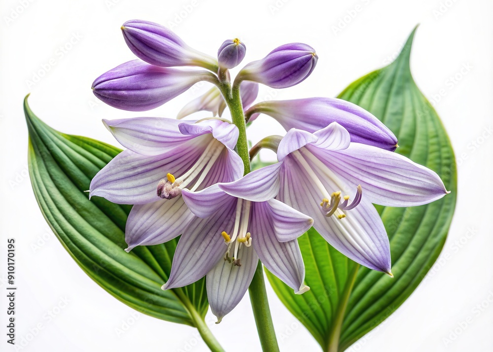 Obraz premium Delicate purple Hosta bloom with intricate details and subtle texture, isolated on a clean white background, creating a serene and elegant visual atmosphere.