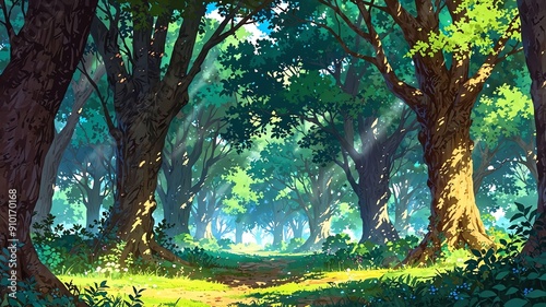 magical forest grove secluded grove with concentrated flat anime photo